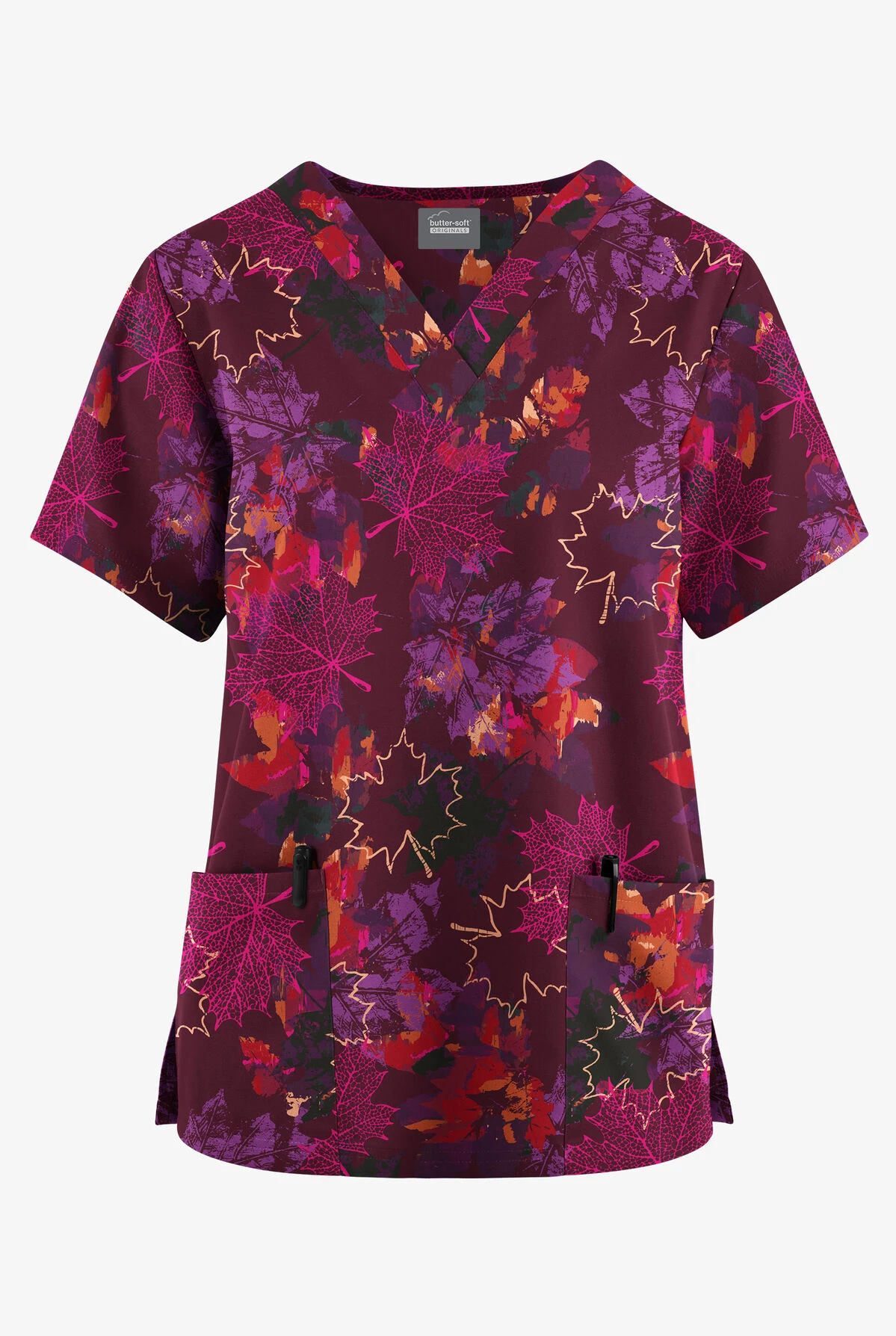 Butter-Soft Originals Autumn Park Wine Women's 2-Pocket Classic Fit V-Neck Printed Scrub Top
