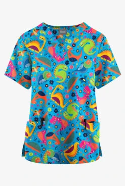 Butter-Soft Originals Dino Party Turquoise Women's 2-Pocket Classic Fit V-Neck Printed Scrub Top