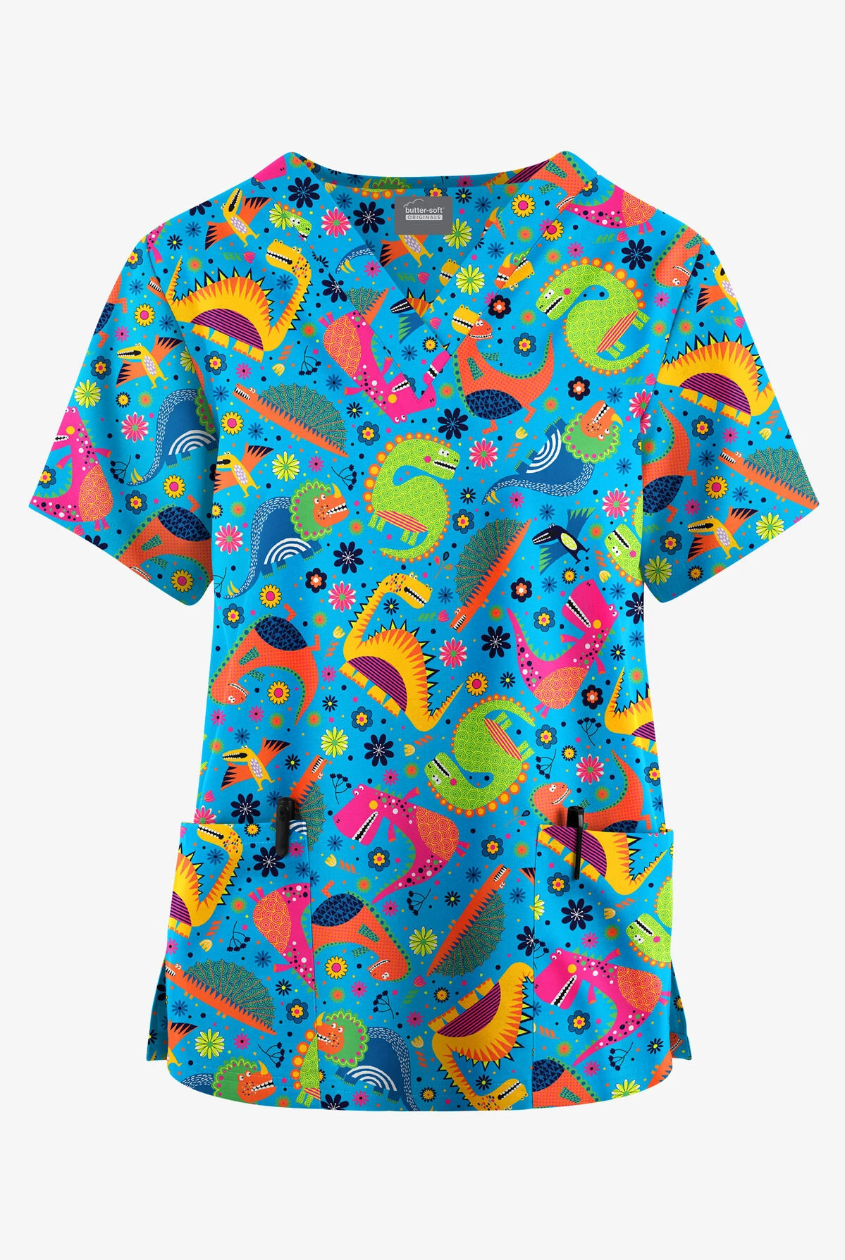 Butter-Soft Originals Dino Party Turquoise Women's 2-Pocket Classic Fit V-Neck Printed Scrub Top