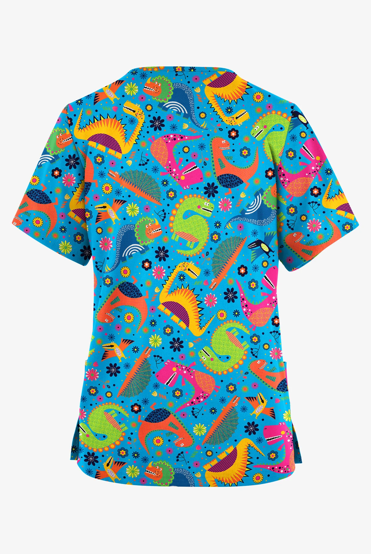 Butter-Soft Originals Dino Party Turquoise Women's 2-Pocket Classic Fit V-Neck Printed Scrub Top - Image 2