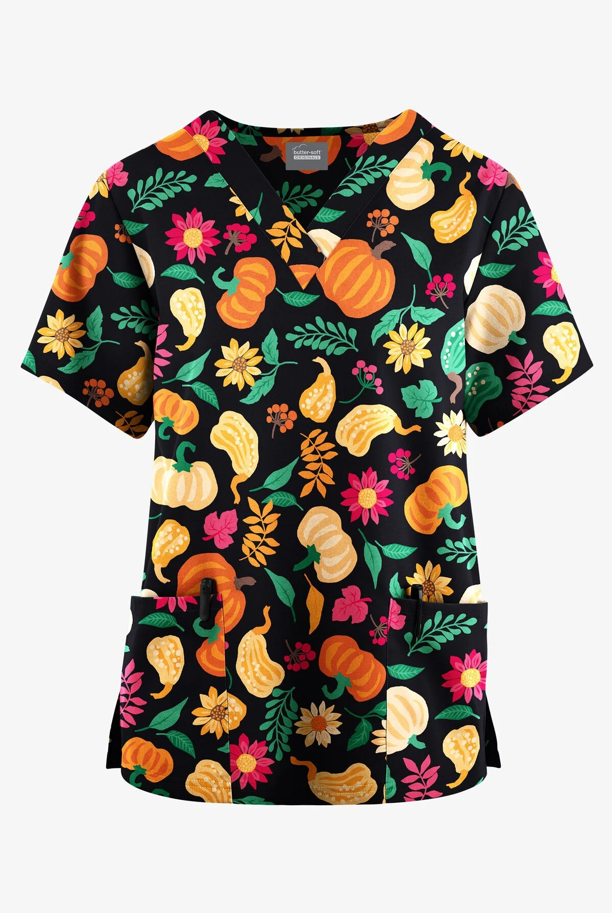 Butter-Soft Originals Fall Harvest Black Printed Women's 2-Pocket Classic Fit V-Neck Scrub Top