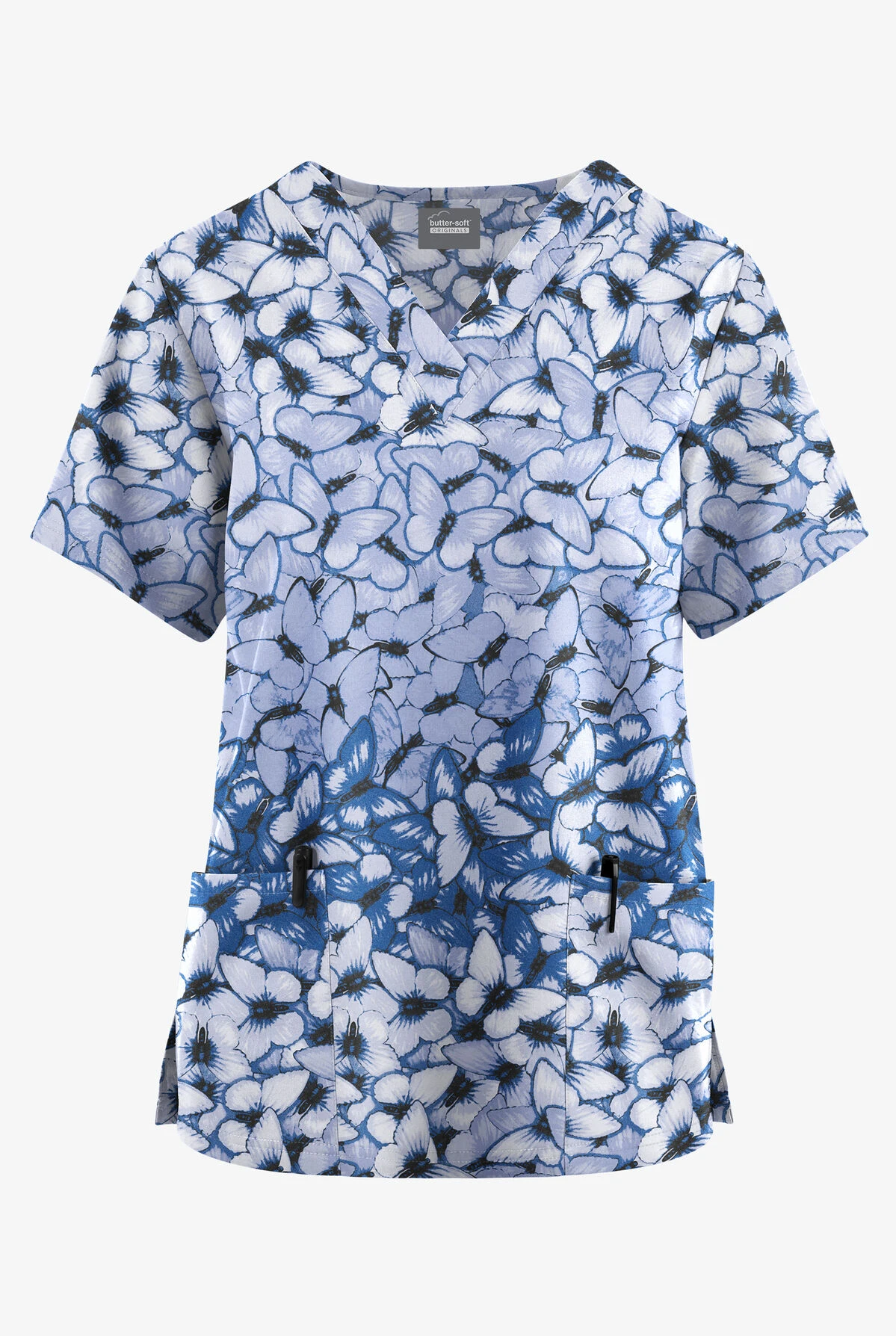 Butter-Soft Originals Garden Butterflies Ceil Women's 2-Pocket Classic Fit V-Neck Printed Scrub Top