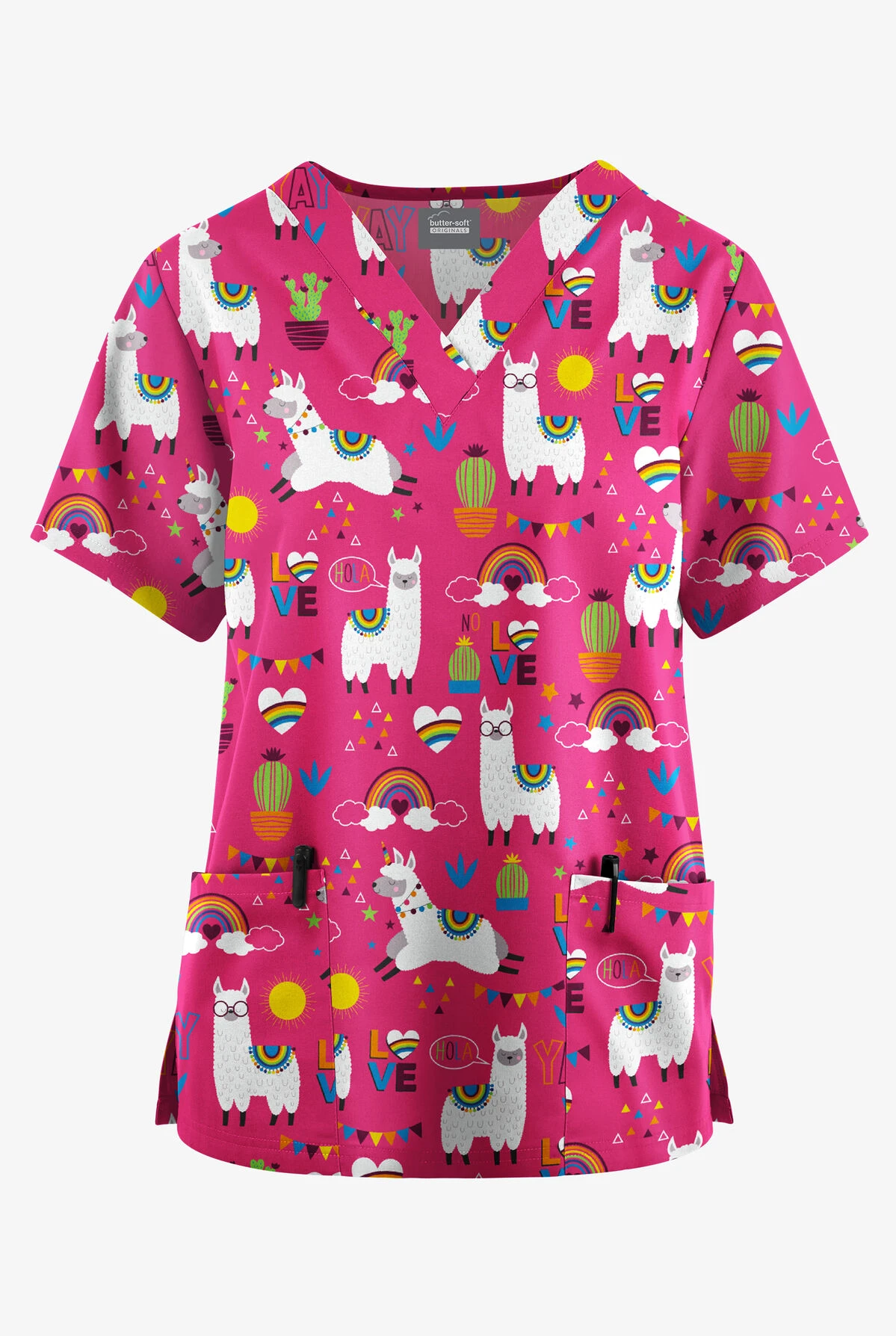 Butter-Soft Originals Llama Love Fuchsia Women's 2-Pocket Classic Fit V-Neck Printed Scrub Top
