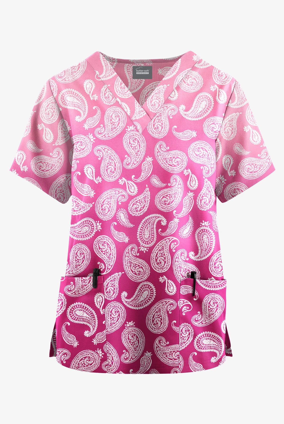 Butter-Soft Originals Paisley Gradient Fuchsia Women's 2-Pocket Classic Fit V-Neck Printed Scrub Top