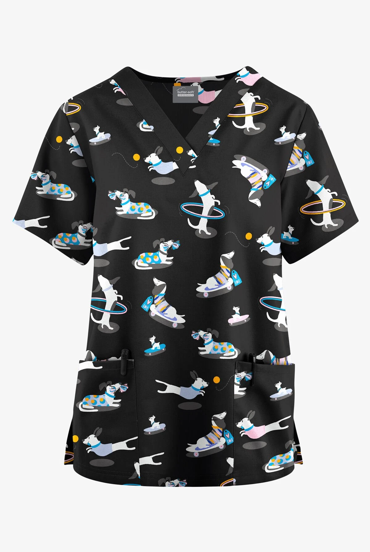 Butter-Soft Originals Playful Dachshunds Women's 2-Pocket Classic Fit V-Neck Printed Scrub Top