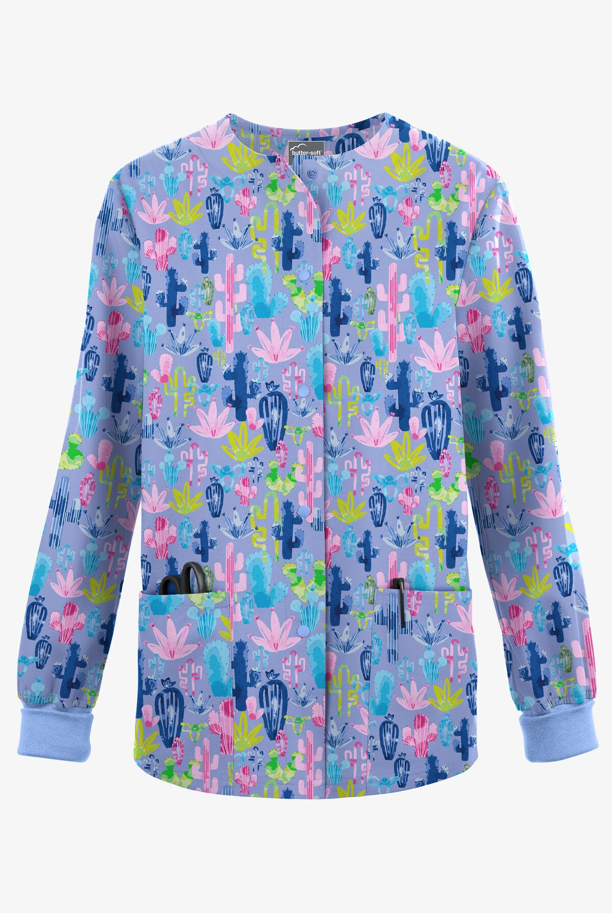 Butter-Soft Originals Desert Cactus Ceil Women's 3-Pocket Warm-Up Printed Scrub Jacket