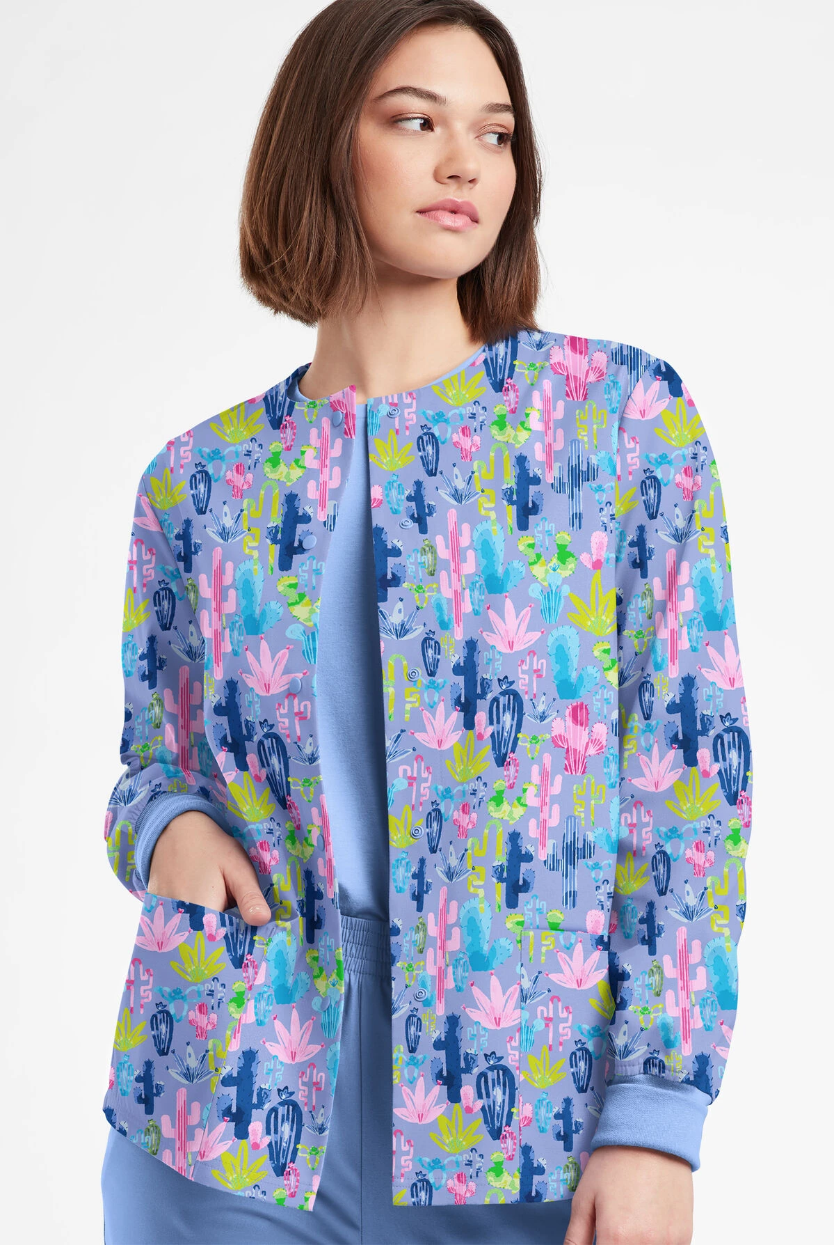 Butter-Soft Originals Desert Cactus Ceil Women's 3-Pocket Warm-Up Printed Scrub Jacket - Image 2