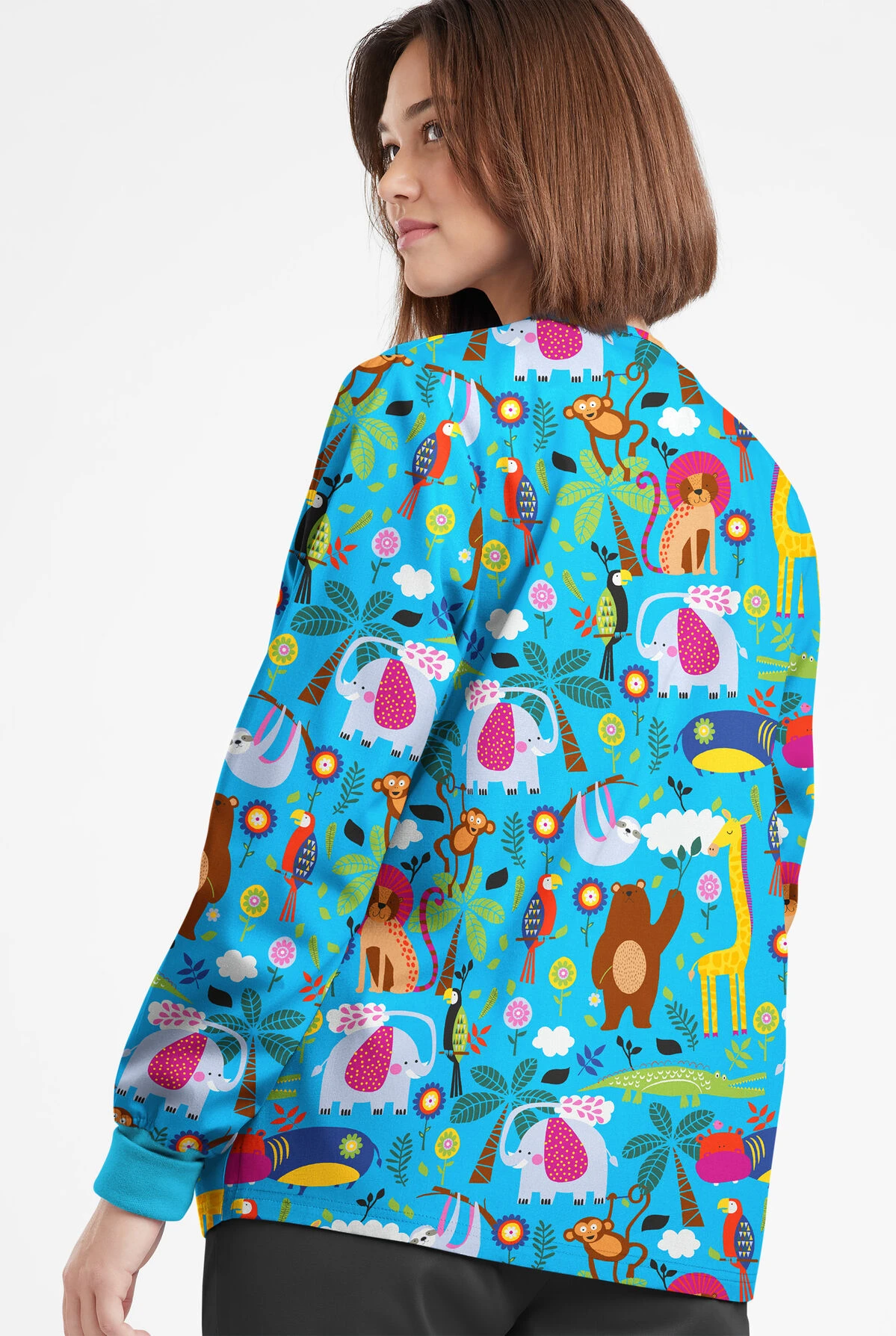 Butter-Soft Originals Jungle Party Turquoise Women's 3-Pocket Warm-Up Printed Scrub Jacket - Image 3