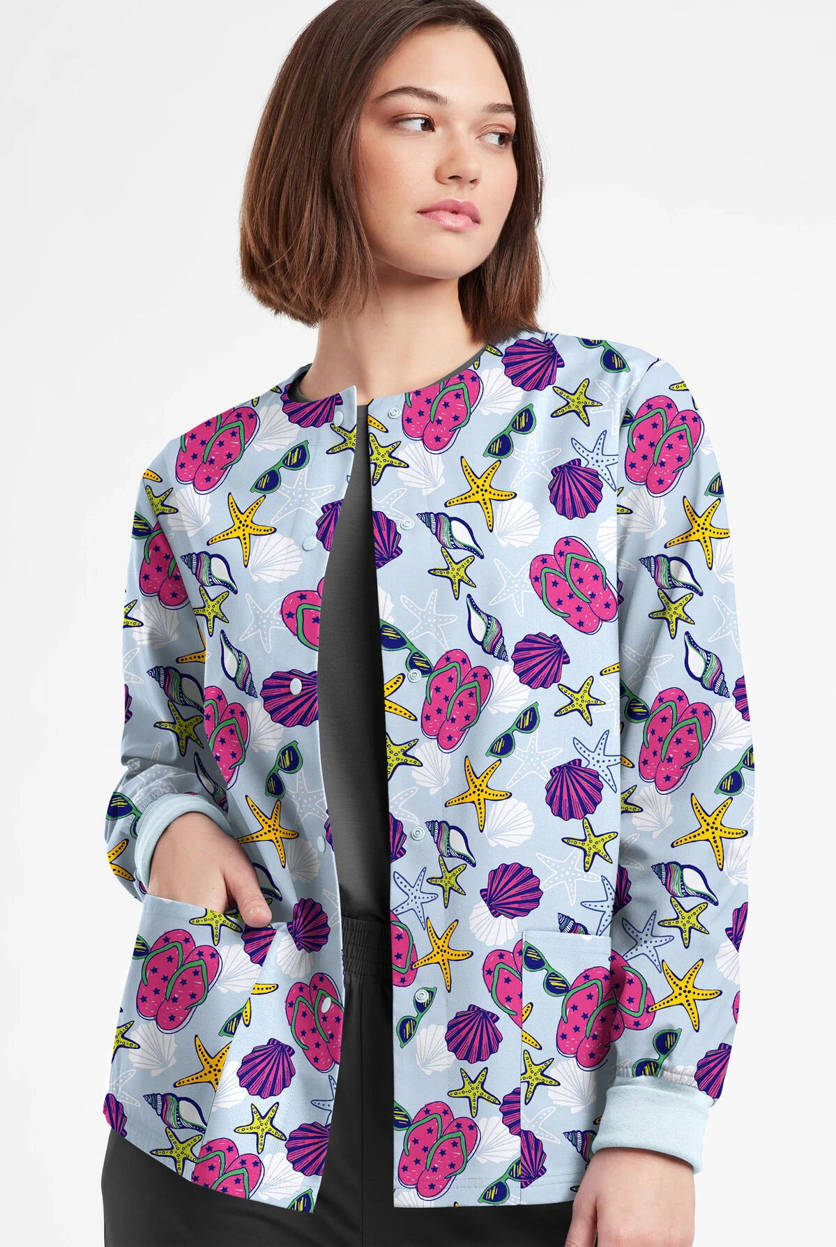 Butter-Soft Originals Walk On The Beach Morning Dew Women's 3-Pocket Warm-Up Printed Scrub Jacket - Image 2