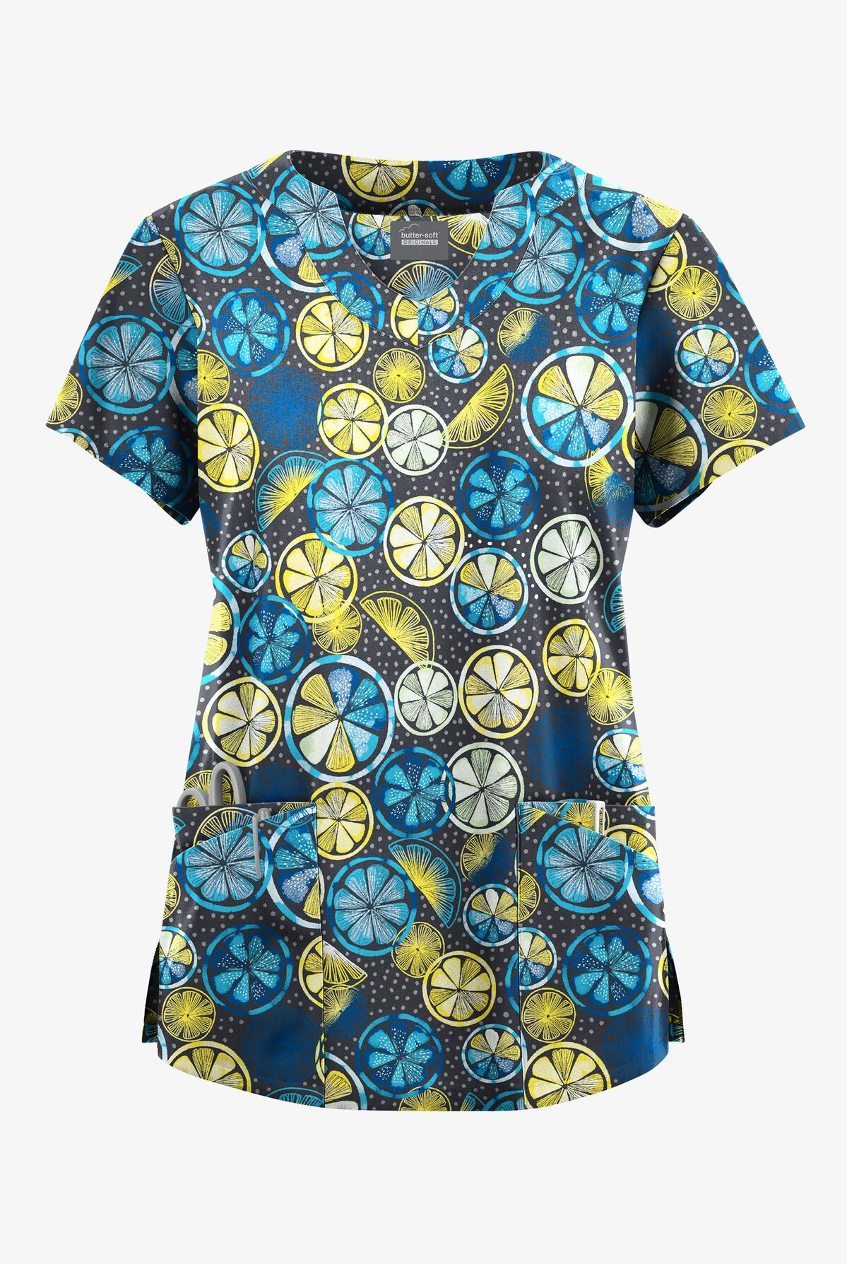 Butter-Soft Originals Citrus Slice Pewter Women's 6-Pocket Scallop Neck Printed Scrub Top