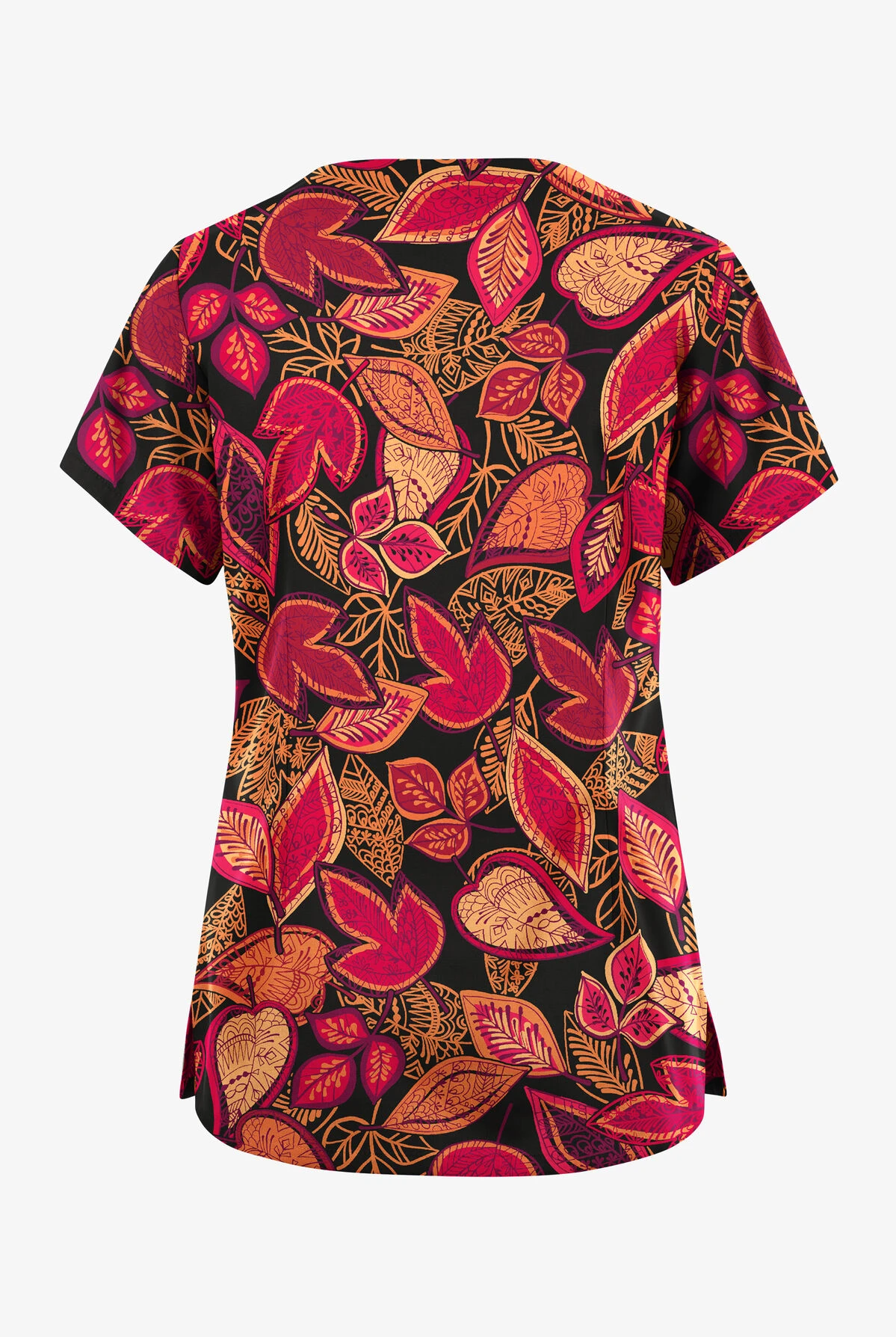 Butter-Soft Originals Filigree Leaves Black Printed Women's 6-Pocket Scallop Neck Scrub Top - Image 2