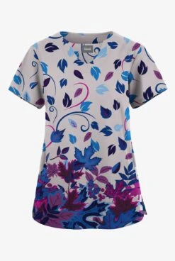 Butter-Soft Originals Autumn Walk Silver Women's 2-Pocket Scallop Neck Printed Scrub Top