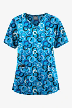 Butter-Soft Originals Groovy Geo Women's 3-Pocket Mock Wrap Raglan Sleeve Printed Scrub Top