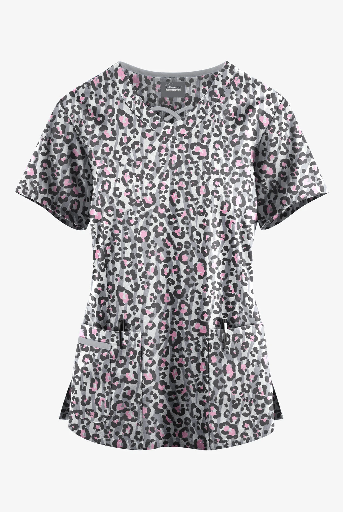 Butter-Soft Originals Jungle Mix Silver Women's 3-Pocket Criss Cross Printed Scrub Top