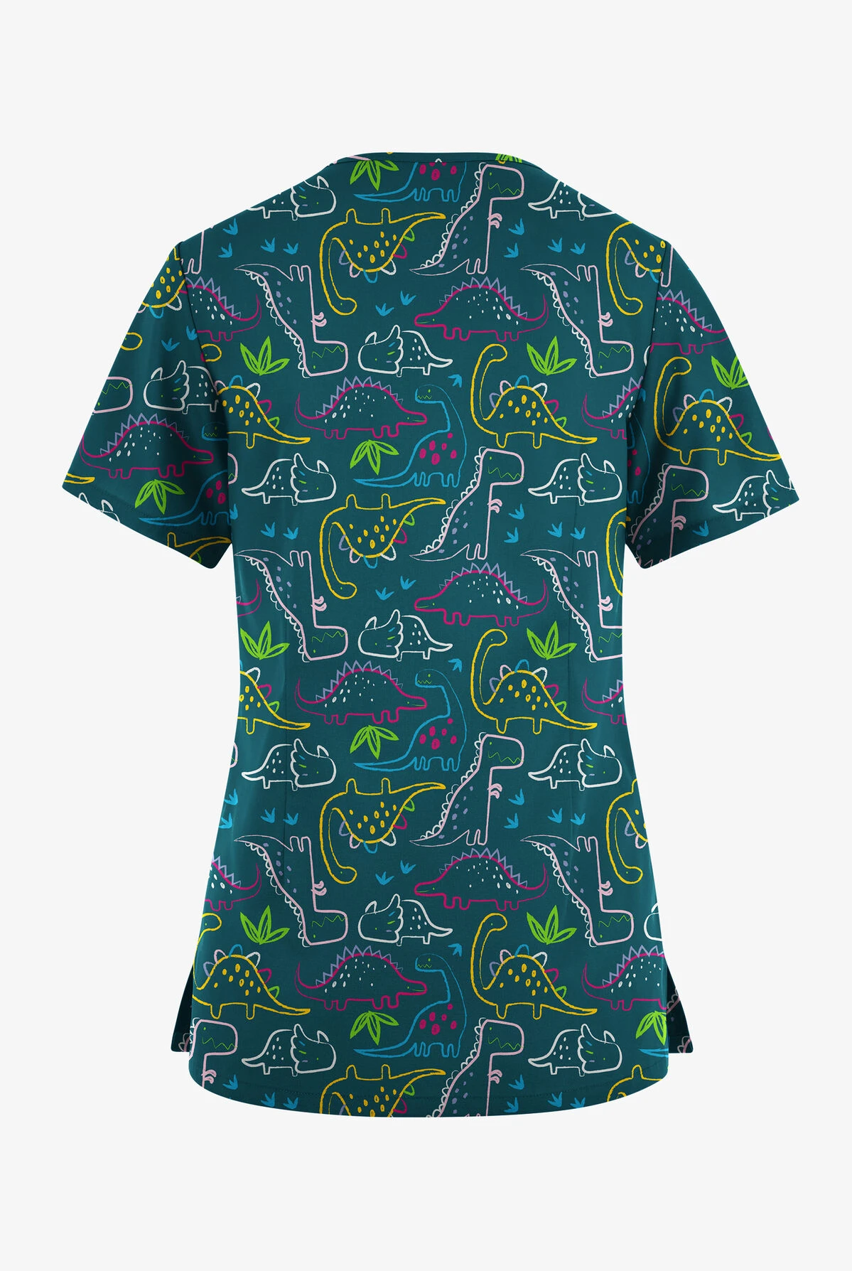 Butter-Soft Originals Dino Park Caribbean Blue Women's 7-Pocket Curved V-Neck Printed Scrub Top - Image 2