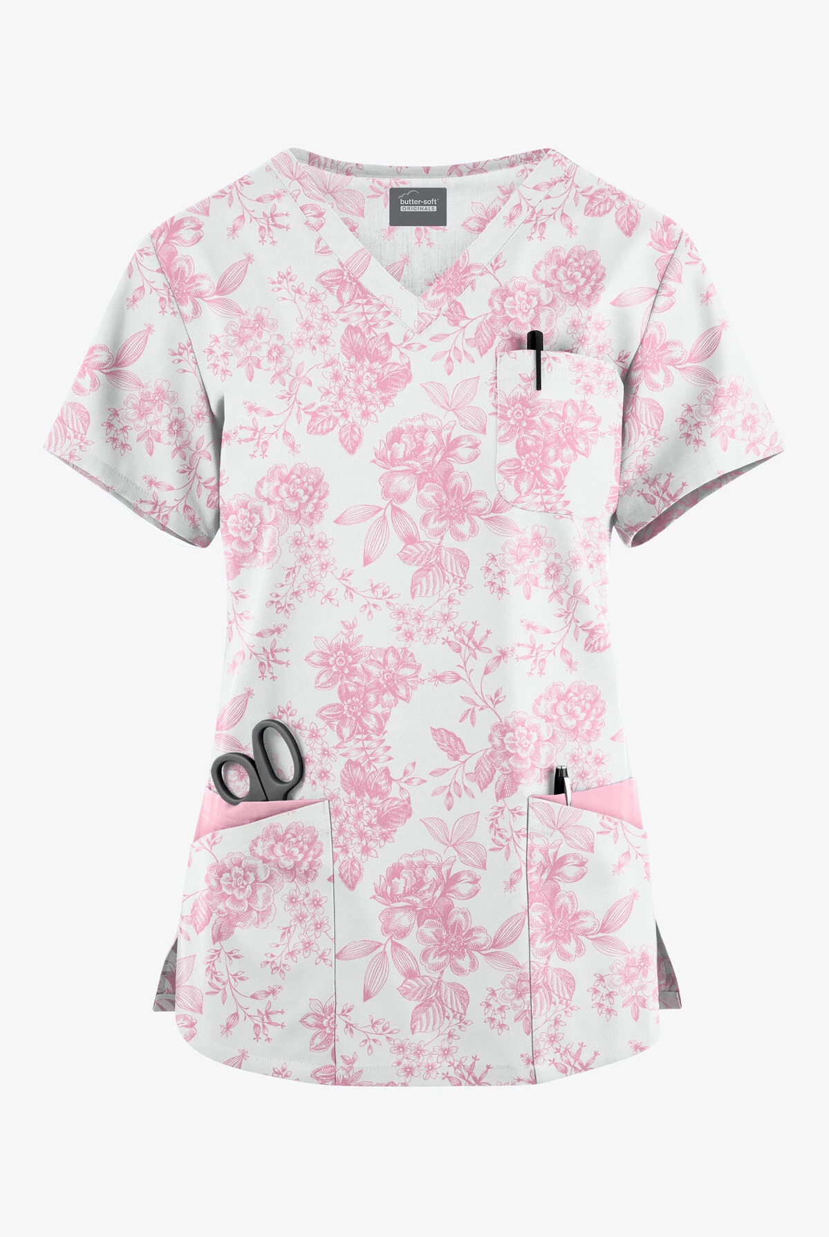 Butter-Soft Originals Etched Roses Blush Women's 7-Pocket Curved V-Neck Printed Scrub Top
