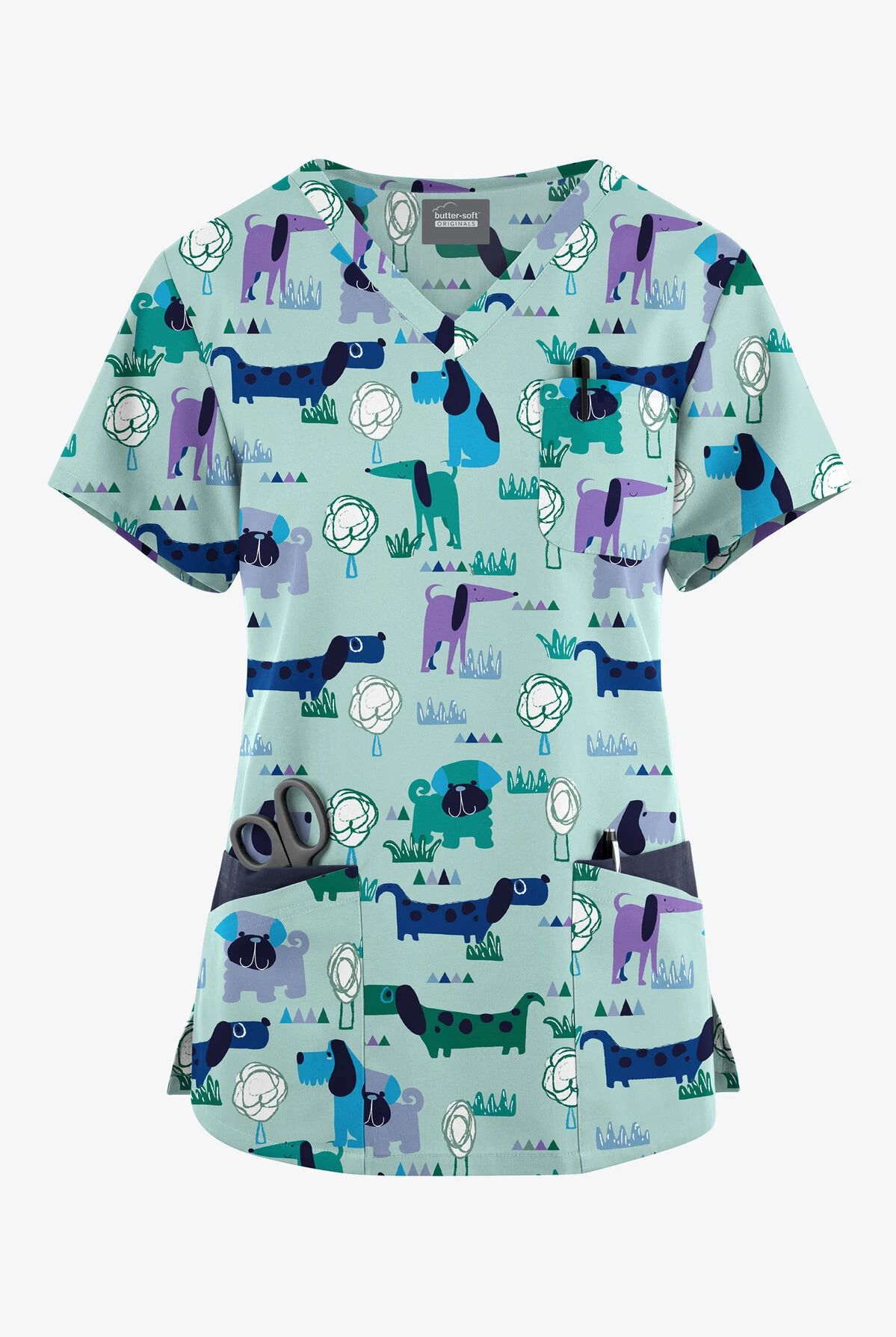 Butter-Soft Originals Meeting In The Park Women's 7-Pocket Rounded V-Neck Printed Scrub Top