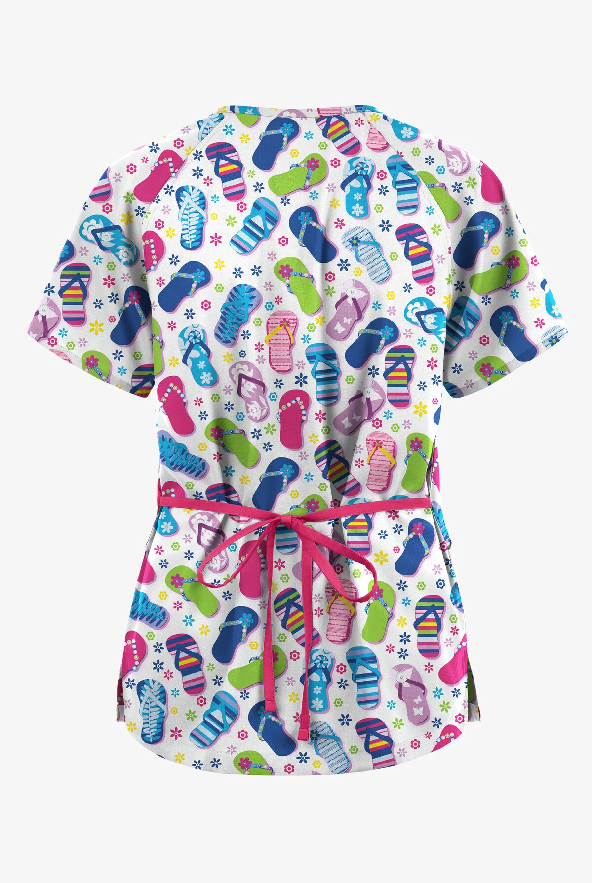 Butter-Soft Originals Flip Flop Fun Royal Women's 3-Pocket Mock Wrap With Ties Printed Scrub Top - Image 2
