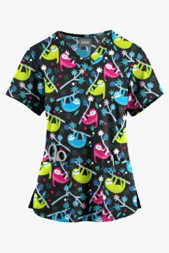 Butter-Soft Originals Slew Of Sloths Black Printed Women's 4-Pocket Rounded V-Neck Scrub Top