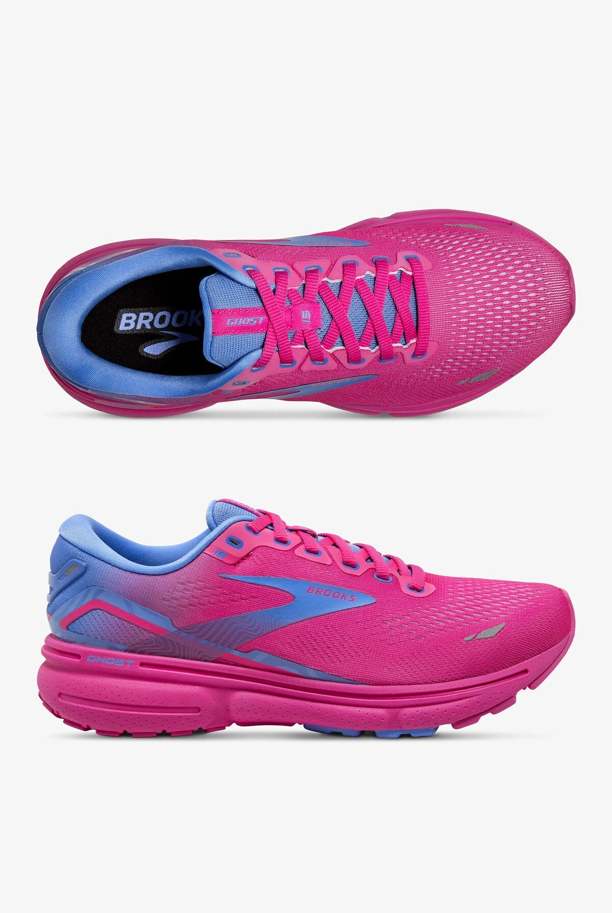Brooks Women's Ghost 15 Pink Glo/Blue/Fuchsia Athletic Lace Up Nursing Shoes