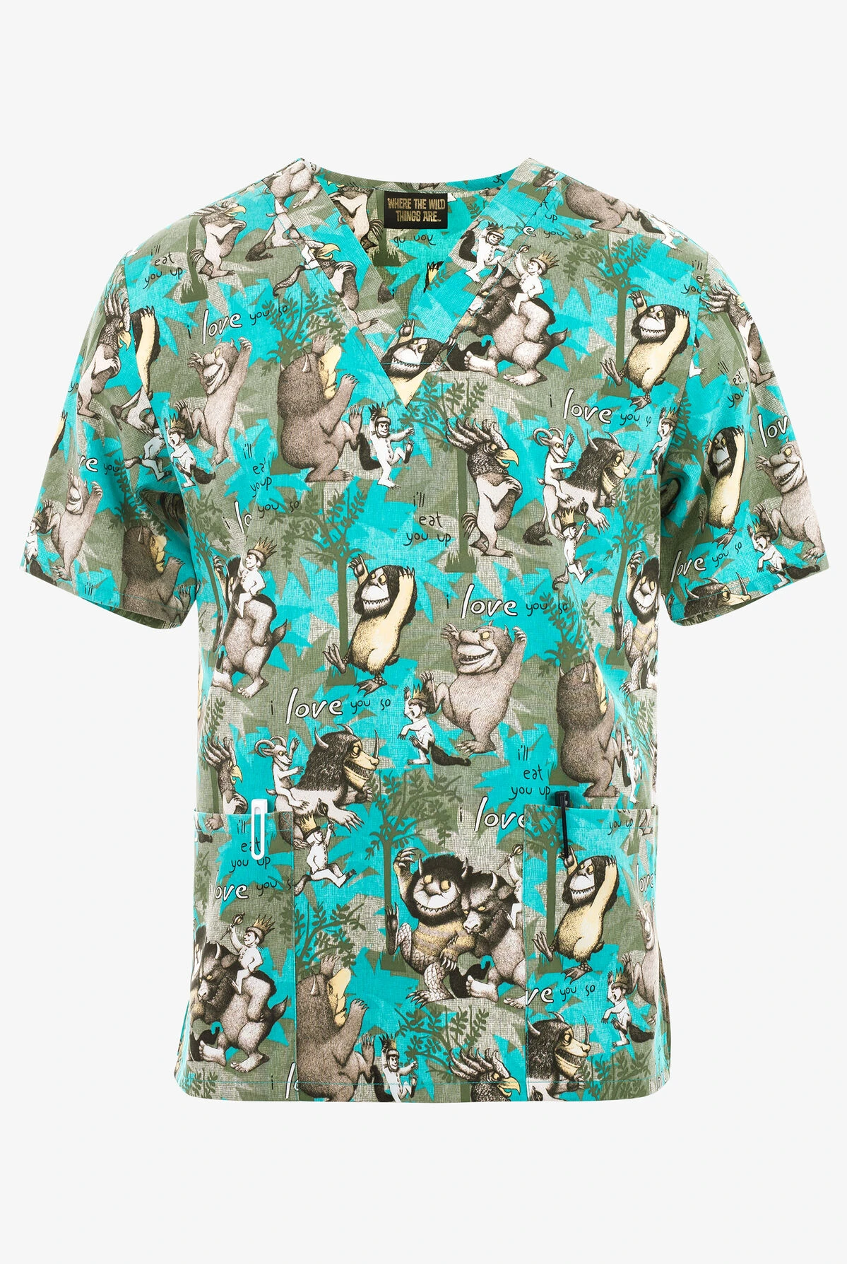 Cherokee Tooniforms Where The Wild Things Are Wild Rumpus Unisex 2-Pocket STRETCH V-Neck Print Scrub Top