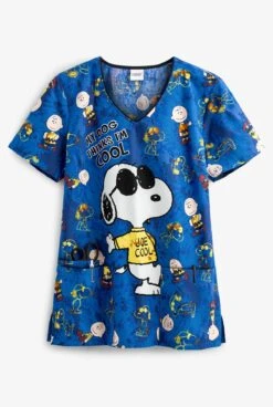 Cherokee Tooniforms Peanuts I'm Cool Women's 3-Pocket V-Neck Print Scrub Top