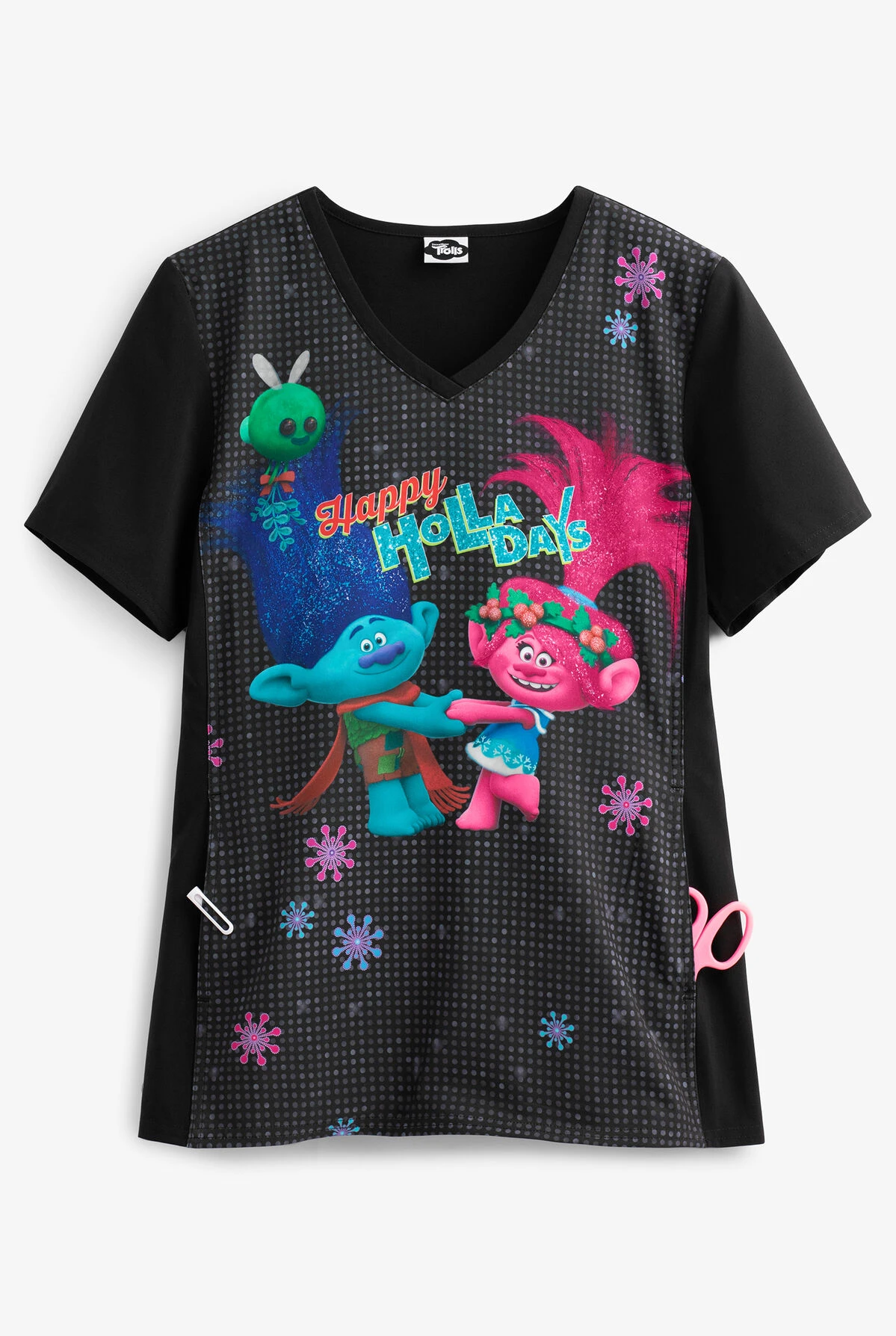 Cherokee Tooniforms DreamWorks Troll Holla Days Women's 1-Pocket V-Neck Print Scrub Top