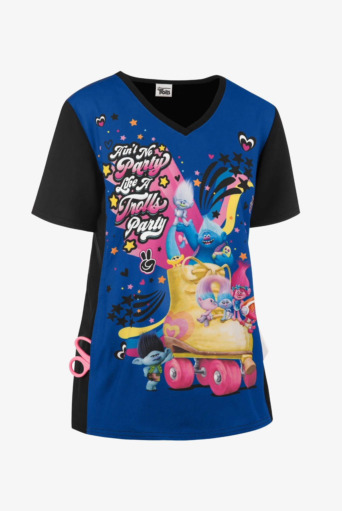 Cherokee Tooniforms DreamWorks Trolls Party Women's 1-Pocket V-Neck Print Scrub Top - Image 3