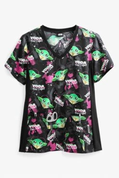 Cherokee Tooniforms Star Wars Yoda One I Want Women's 4-Pocket V-Neck Print Scrub Top