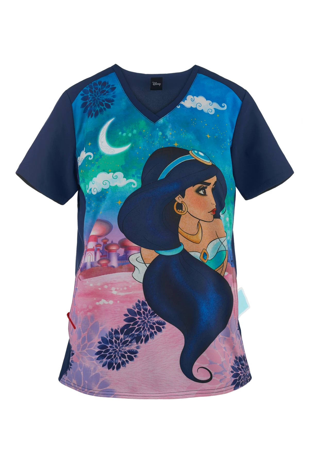 Cherokee Tooniforms Disney Jasmine Nights Women's 1-Pocket V-Neck Print Scrub Top