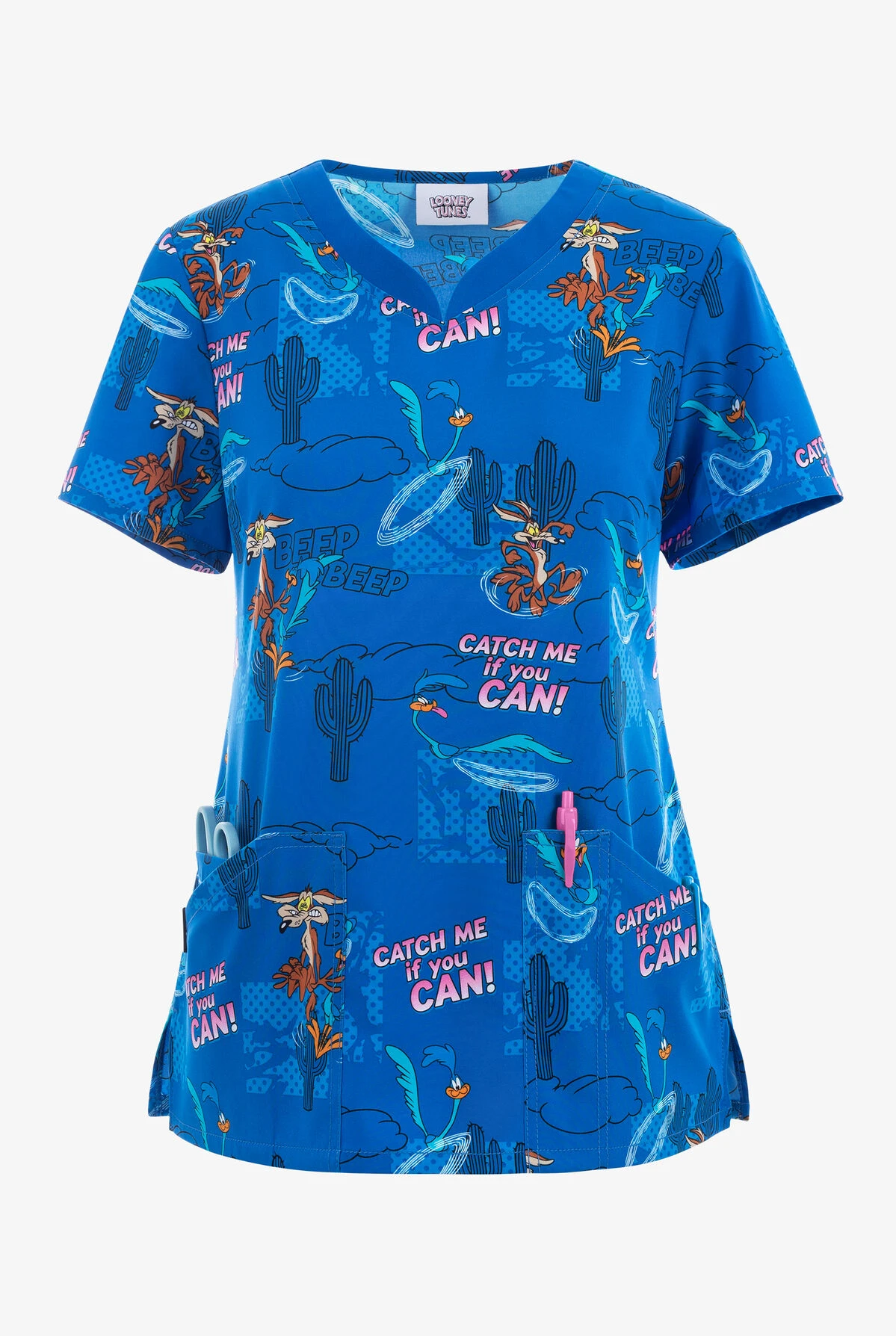 Cherokee Tooniforms Catch Me Road Runner Women's 3-Pocket STRETCH V-Neck Print Scrub Top