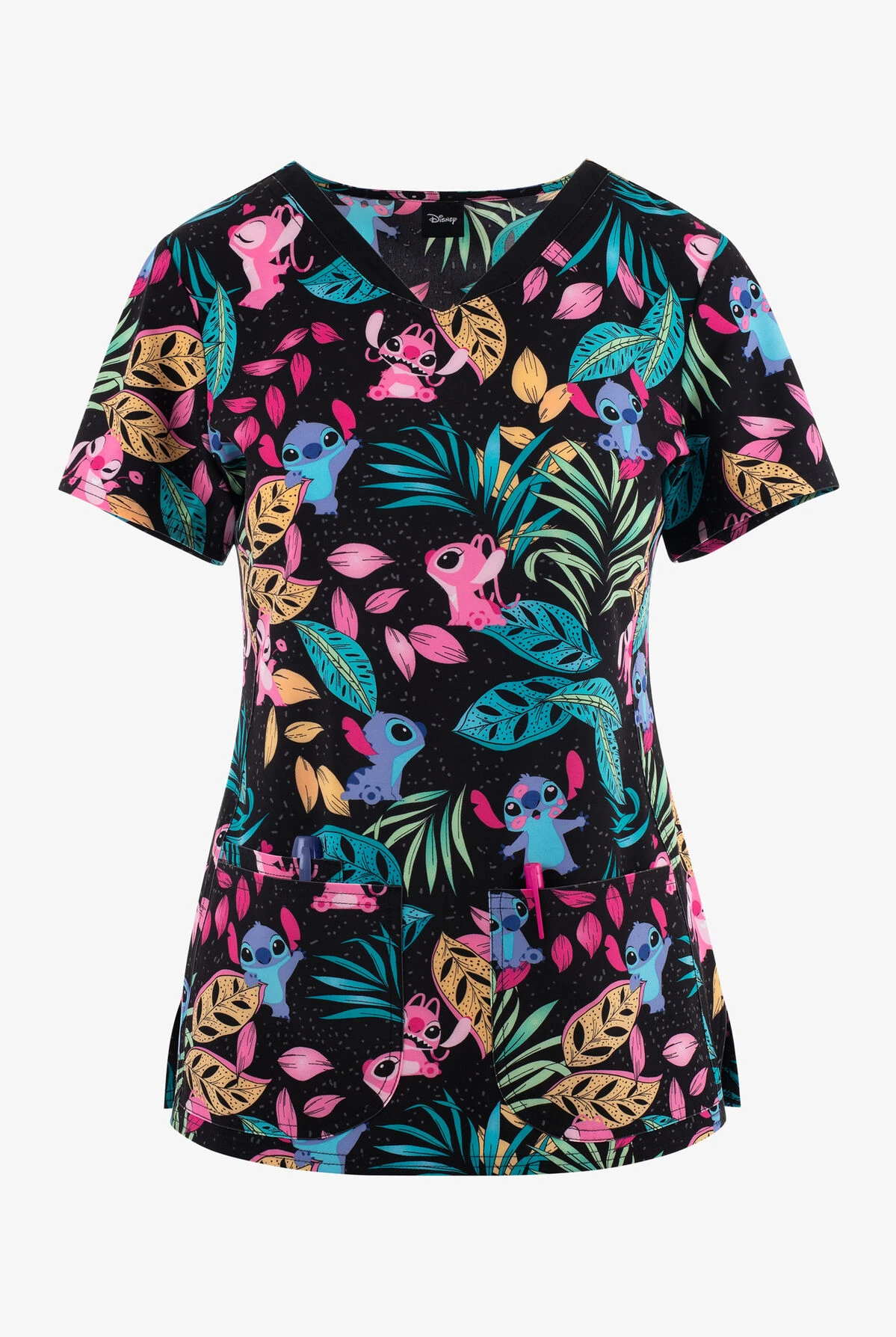 Cherokee Tooniforms Disney's Angel And Stitch Women's 3-Pocket STRETCH V-Neck Print Scrub Top