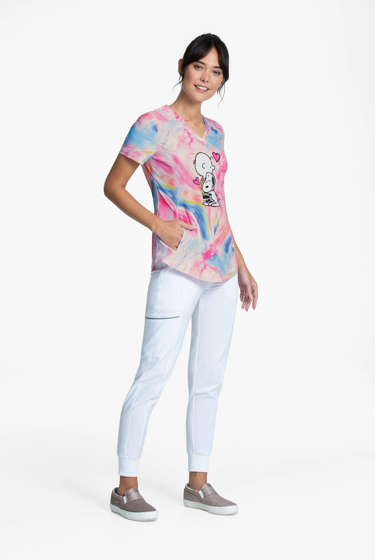 Cherokee Tooniforms Peanuts Dog's Best Friend Women's 2-Pocket V-Neck Print Scrub Top - Image 2