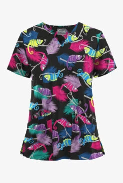 UA Butter-Soft STRETCH Chameleon Adventure Black Printed Women's 2-Pocket V-Neck Scrub Top