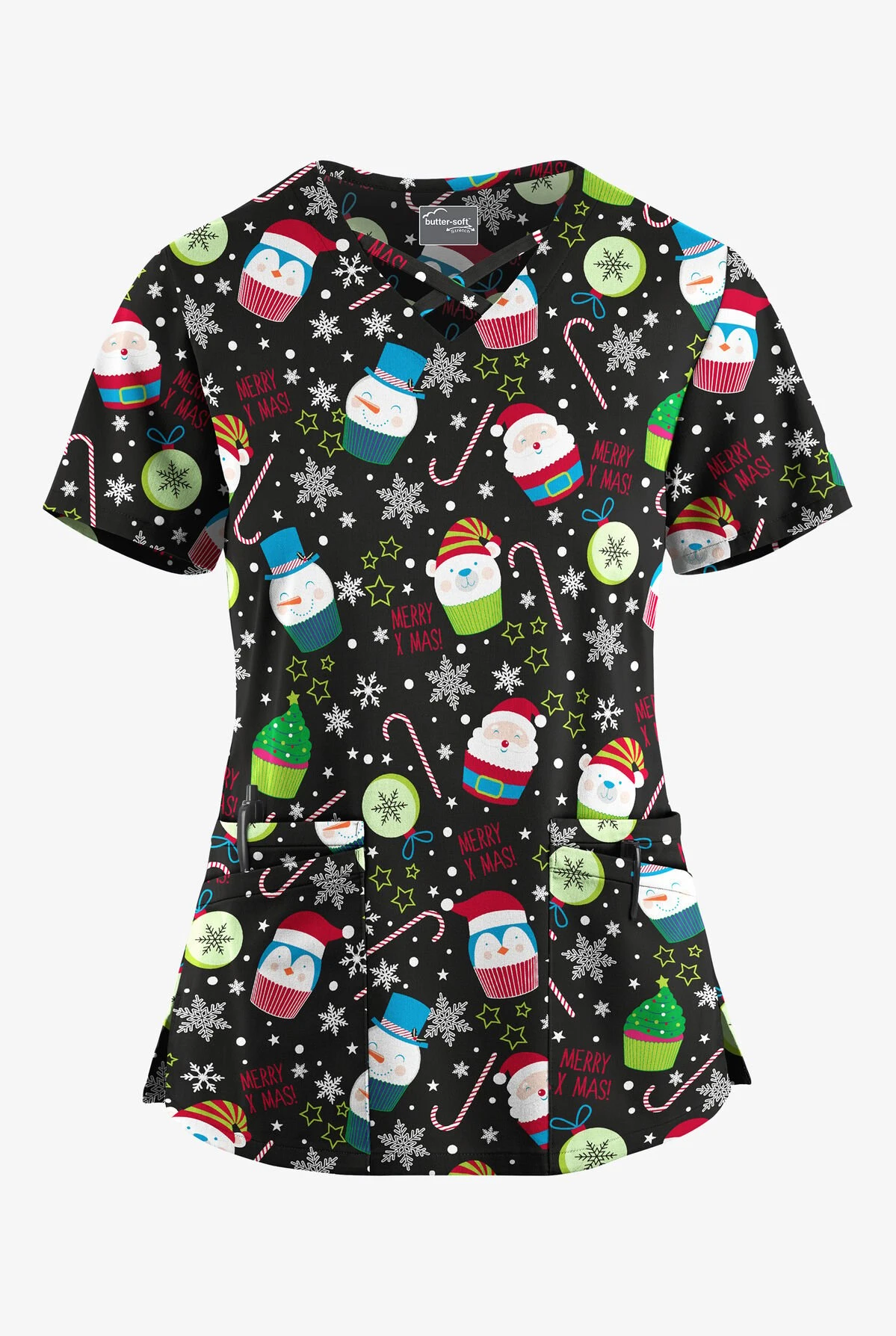 UA Butter-Soft STRETCH Christmas Treats Black Printed Women's 4-Pocket Crisscross Scrub Top