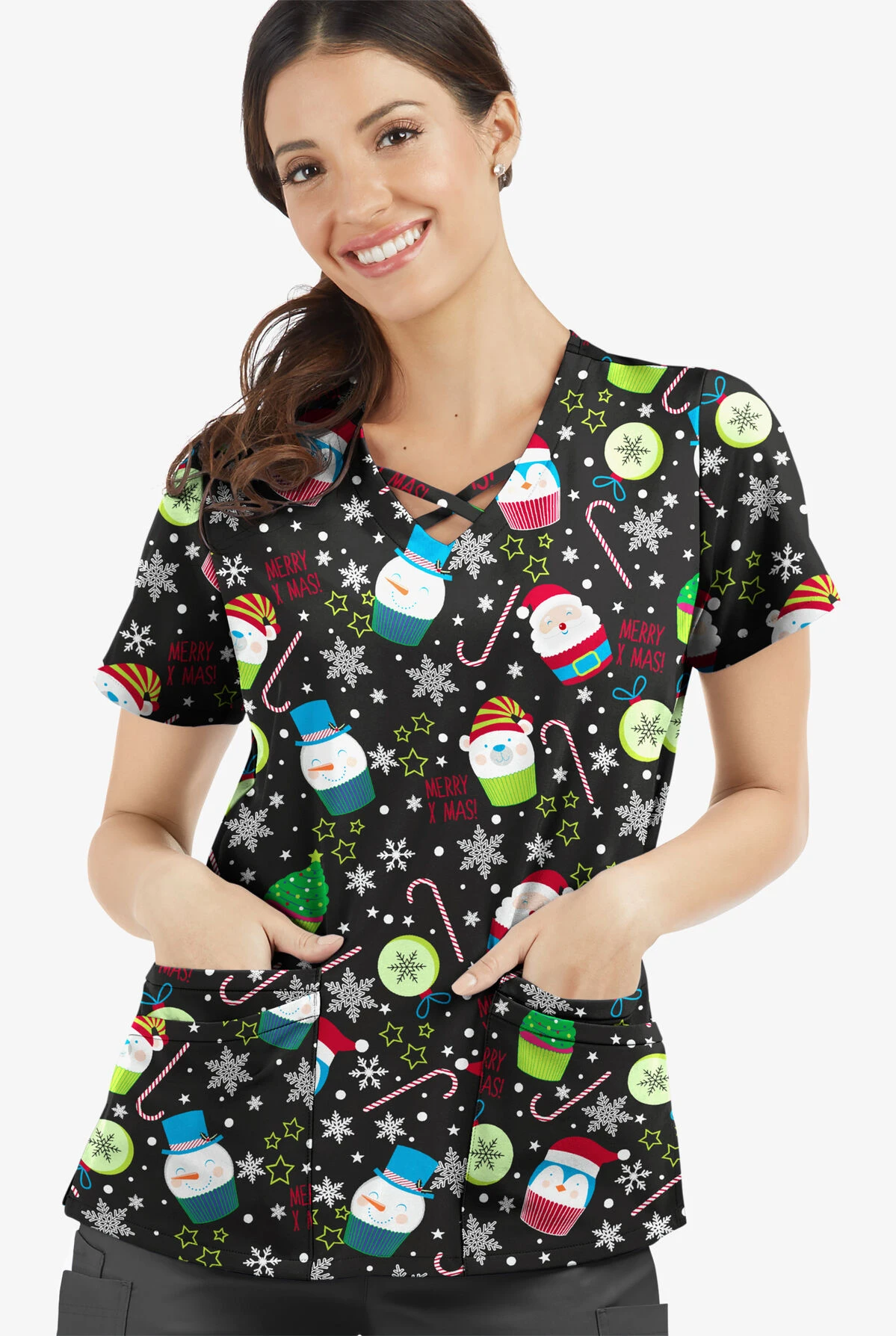 UA Butter-Soft STRETCH Christmas Treats Black Printed Women's 4-Pocket Crisscross Scrub Top - Image 2