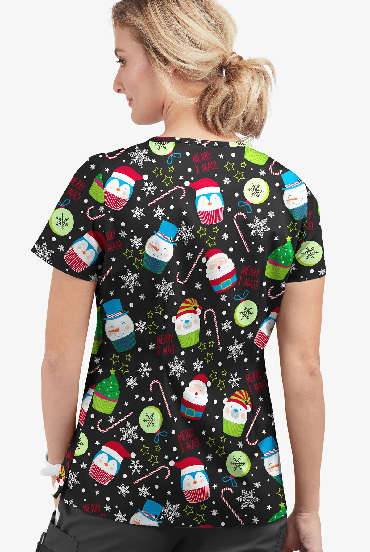 UA Butter-Soft STRETCH Christmas Treats Black Printed Women's 4-Pocket Crisscross Scrub Top - Image 3