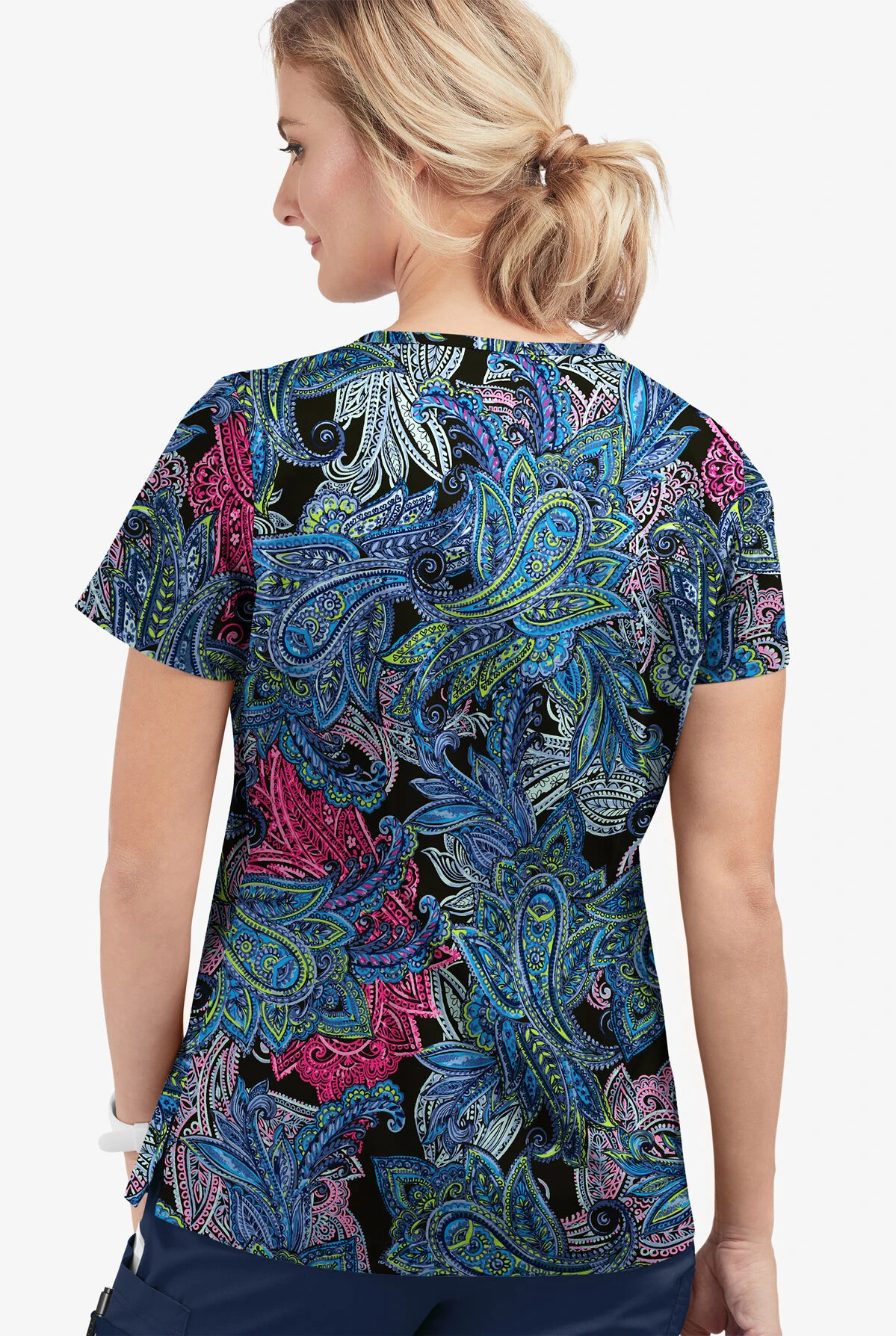UA Butter-Soft STRETCH Layered Paisley Turquoise Women's 4-Pocket Crisscross Printed Scrub Top - Image 3