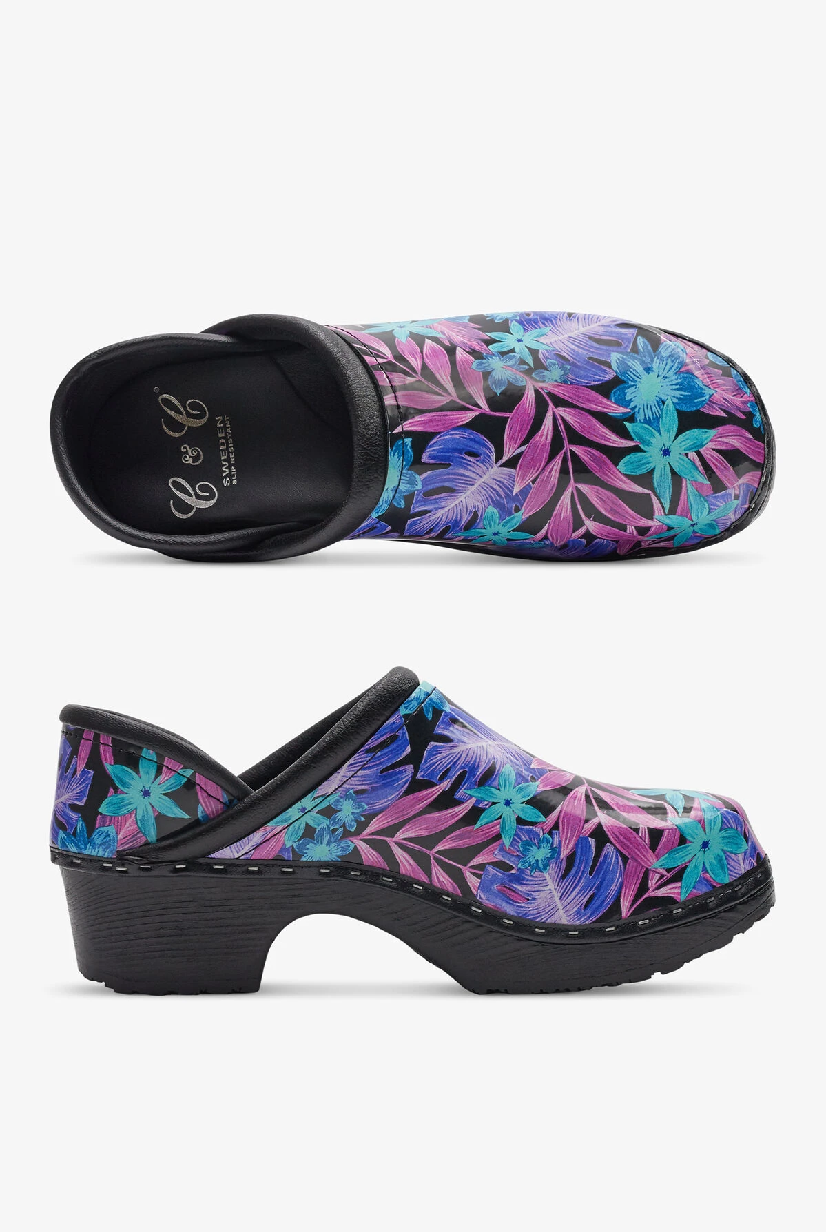 C&C Sweden Women's Floral Luau Black Patent Leather Nursing Clogs