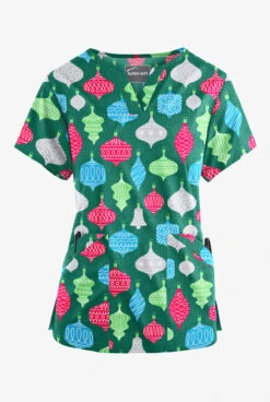 Butter-Soft Festive Ornaments Hunter Women’s 4-Pocket V Notch-Neck Print Scrub Top