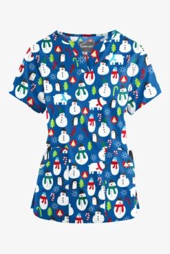 Butter-Soft North Pole Party Royal Women’s 4-Pocket V Notch-Neck Print Scrub Top