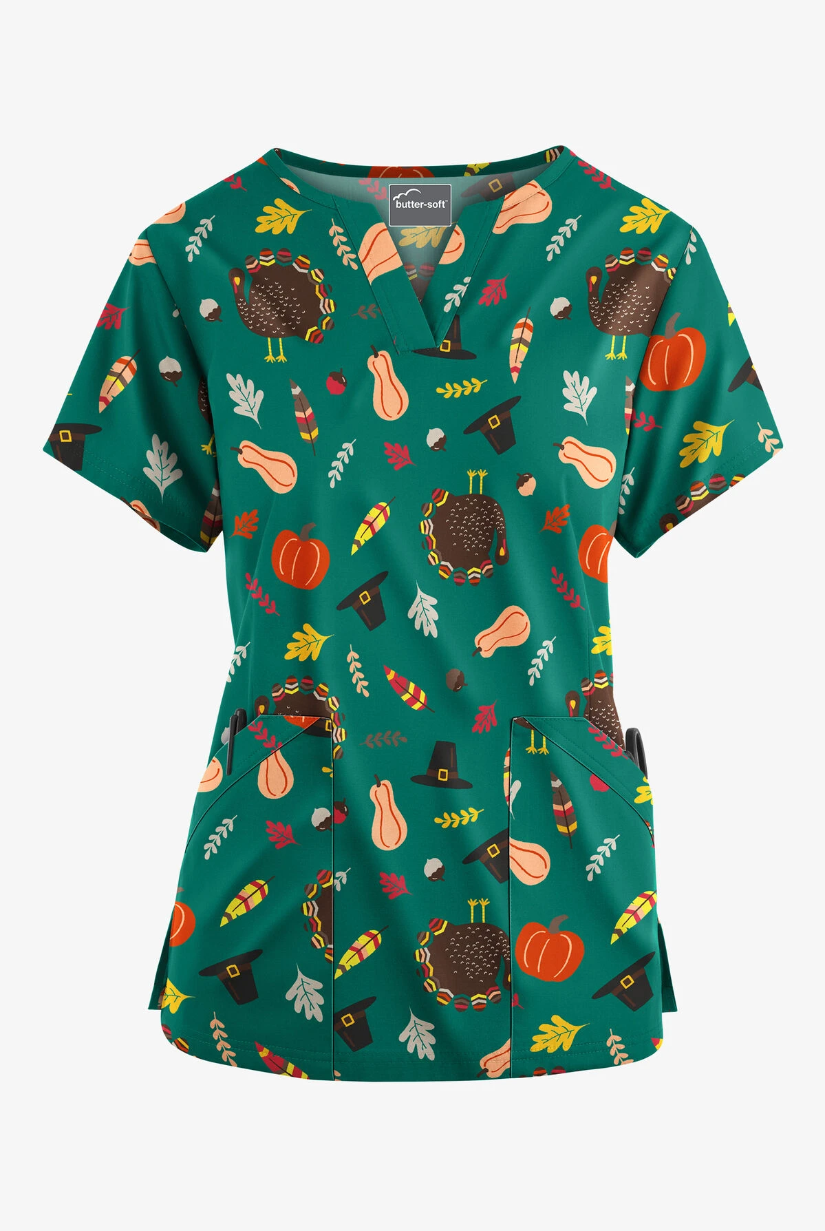 Butter-Soft Thanksgiving Walk Hunter Women’s 4-Pocket V Notch-Neck Printed Scrub Top