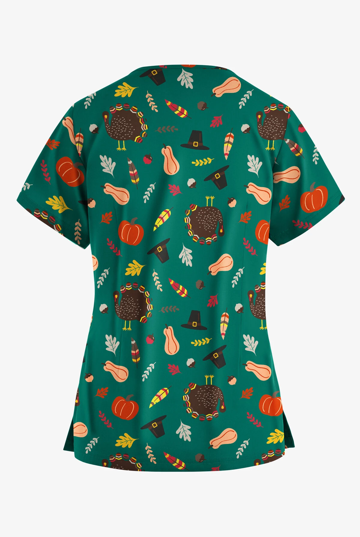 Butter-Soft Thanksgiving Walk Hunter Women’s 4-Pocket V Notch-Neck Printed Scrub Top - Image 2