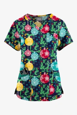 Butter-Soft Originals Baubles And Berries Navy Women's 7-Pocket Rounded V-Neck Printed Scrub Top