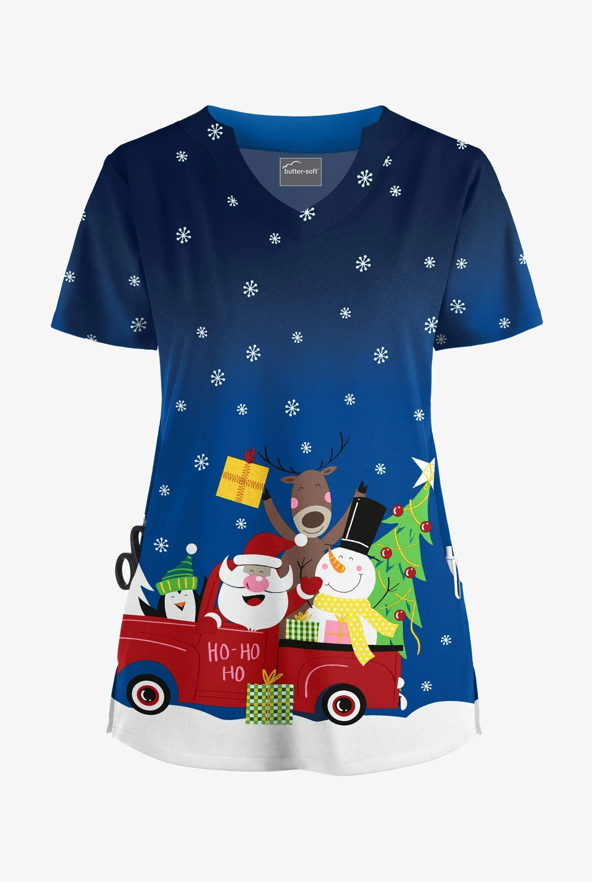 Butter-Soft Santa's Truck Royal Women's 2-Pocket Scallop Neck Print Scrub Top