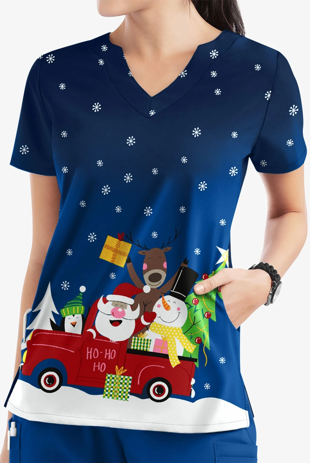 Butter-Soft Santa's Truck Royal Women's 2-Pocket Scallop Neck Print Scrub Top - Image 2