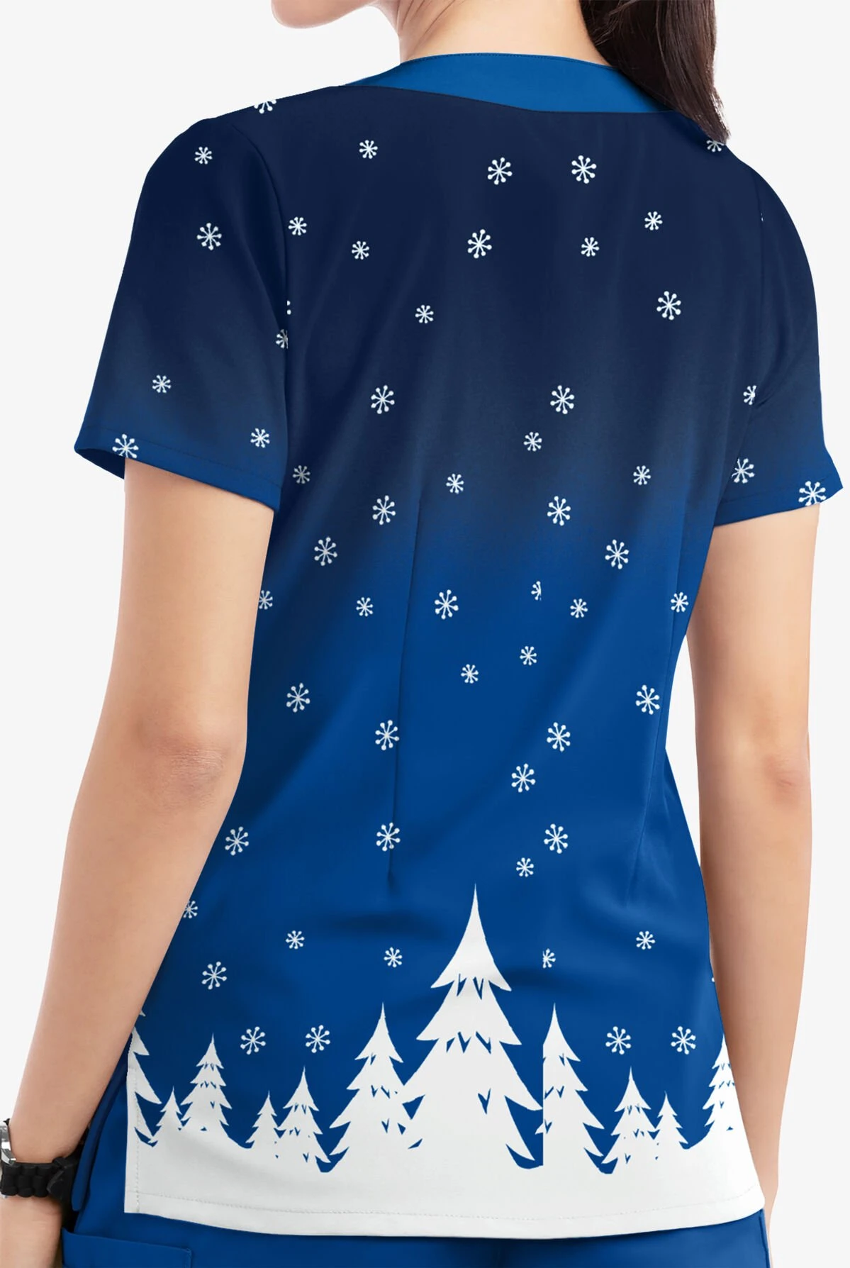 Butter-Soft Santa's Truck Royal Women's 2-Pocket Scallop Neck Print Scrub Top - Image 3