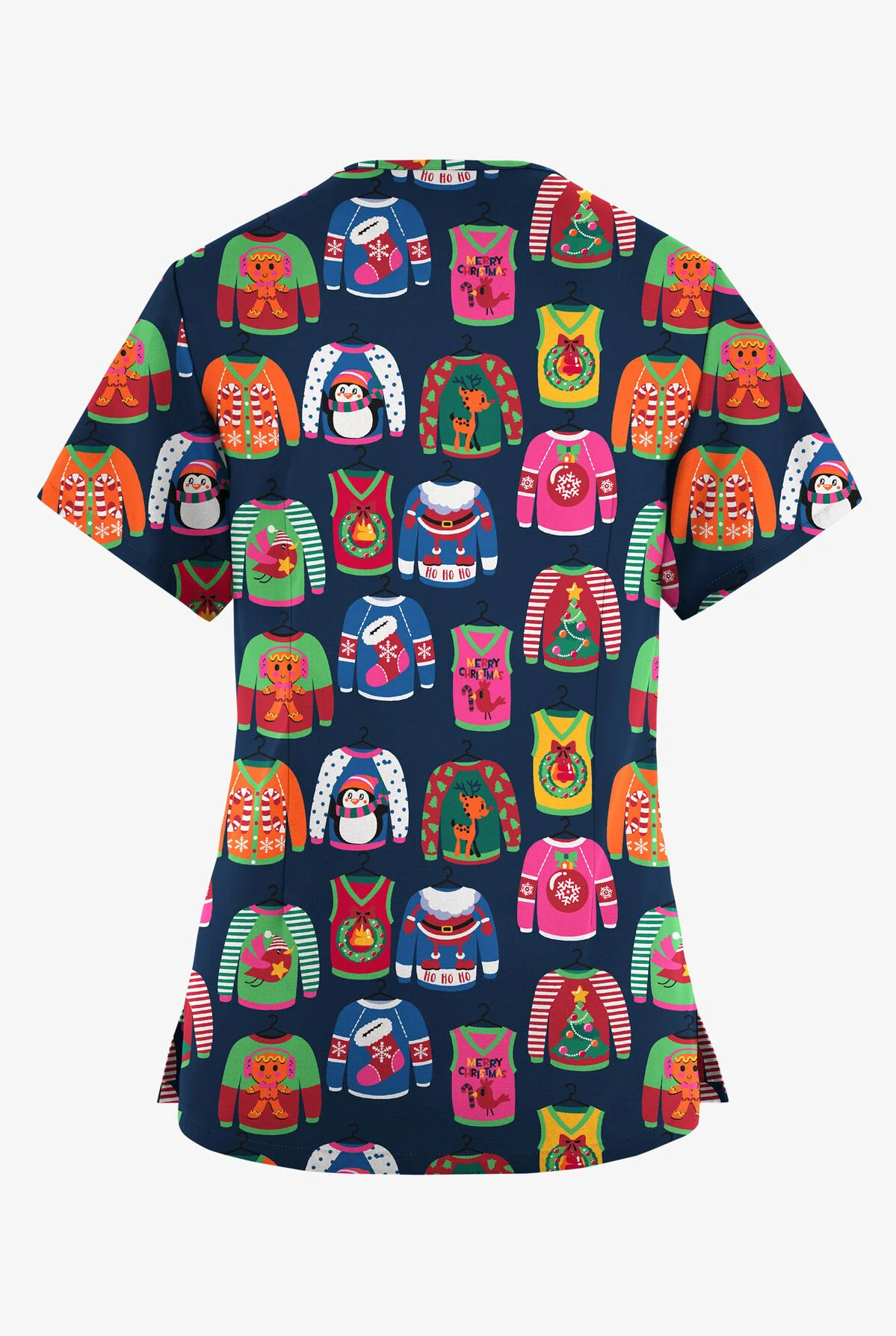 Butter-Soft Originals Christmas Sweaters Navy Women's 4-Pocket Rounded V-Neck Printed Scrub Top - Image 2