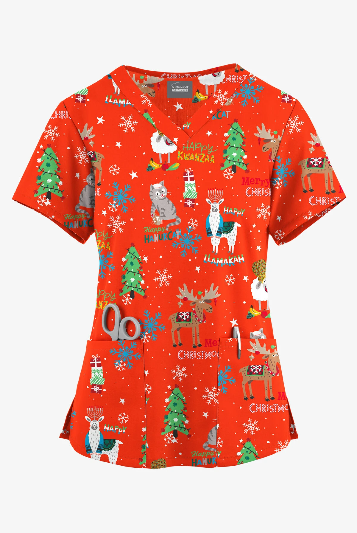 Butter-Soft Originals Chrismahanvk Wanzakah Women's 4-Pocket Rounded V-Neck Printed Scrub Top