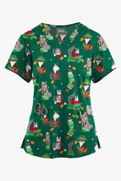 Butter-Soft Originals Playful Christmas Hunter Women's 4-Pocket Rounded V-Neck Printed Scrub Top